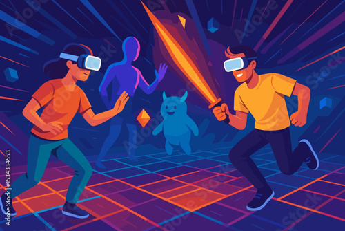 Kids playing in a vibrant VR fantasy game with sword and avatars