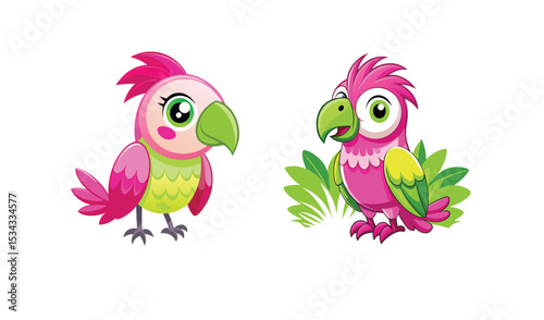 Photo of two playful pink parrots, one perched amidst lush green leaves, isolated on white background