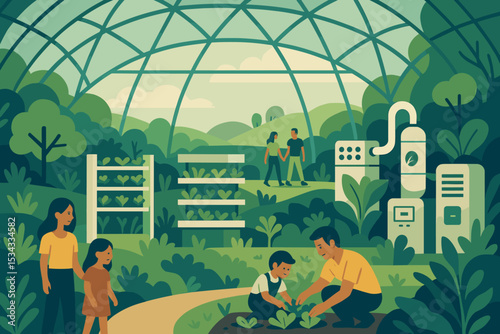 Illustration of a futuristic greenhouse with families gardening and smart tech