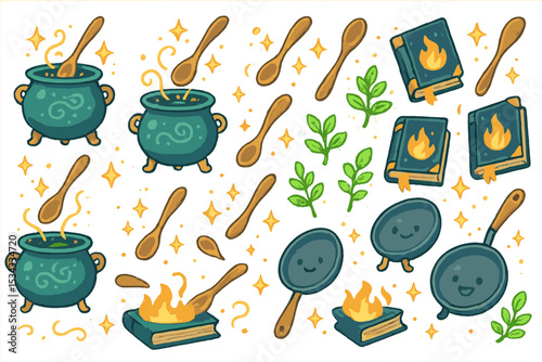 Whimsical magic cooking pattern with cauldrons, books, and herbs