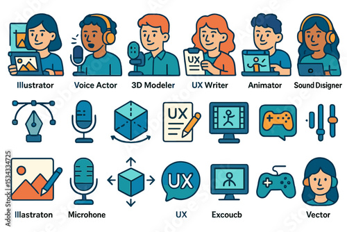 Creative professions and tool icons for digital media and UX design