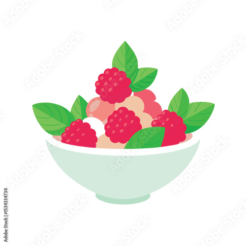 Pastel Green Bowl Filled with Red Raspberries Creamy Beige Base Green Leaves Playful Fruit Arrangement