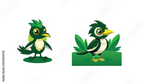 Photo of two playful green and white cartoon birds, one perched on a grassy knoll, isolated on white background