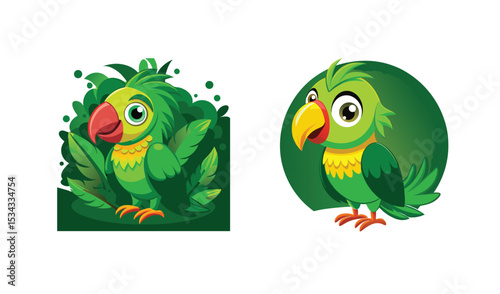Photo of two vibrant green parrots, one nestled in lush foliage, the other perched against a circular green backdrop, are playfully illustrated