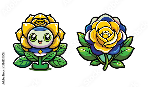 Photo of a cheerful robot blooms as a yellow rose, isolated on white background