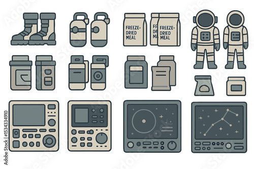 Vector icons of astronaut gear, space meals, and control panels