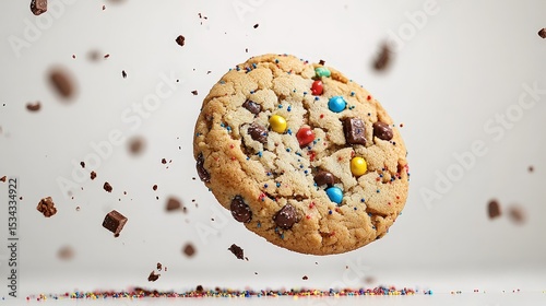 Flying Chocolate Chip Cookie with Colorful Sprinkles in Motion