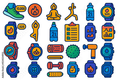 Colorful fitness and wellness icons with smartwatches and gear