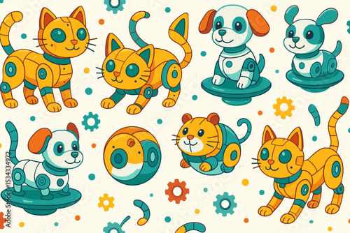 Seamless pattern of cute robotic pets including cats, dogs, and hamsters