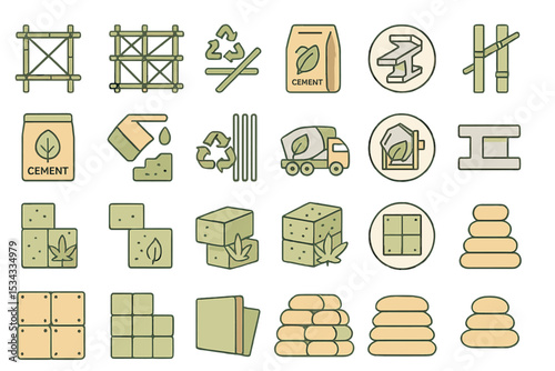 Eco-friendly construction material icons with cement, bricks, and rebar