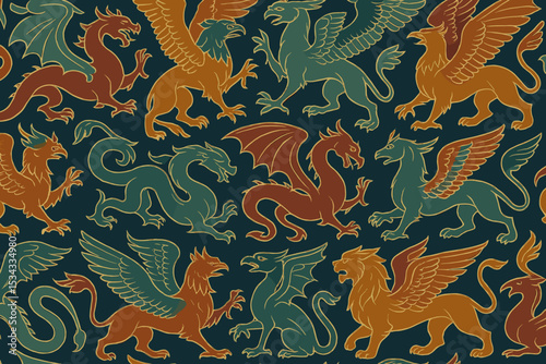 Seamless vintage pattern of mythical griffins and dragons in heraldic style