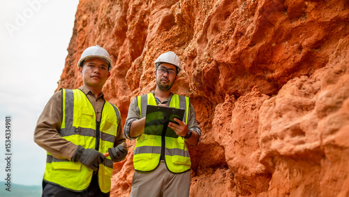 Two geologists examine minerals in the soil