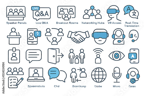 Icon set for virtual events featuring panels, chat, VR, and translation tools