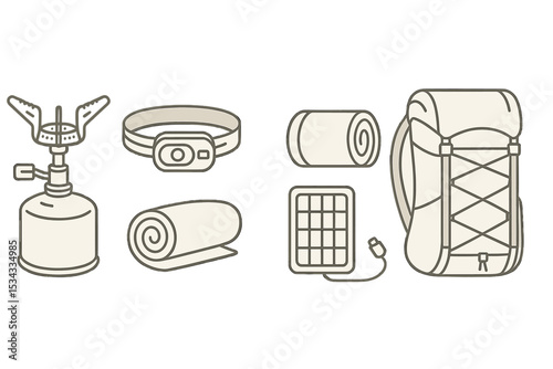 Minimalist icons of essential camping and backpacking gear