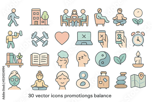 Pastel wellness and balance icons for health, mindfulness, and self-care