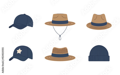 Minimalist Illustration Six Stylish Hat Designs - Flat Vector Graphics