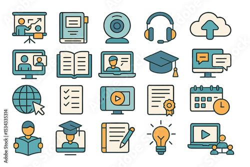 Colorful flat icon set for online learning and virtual education tools
