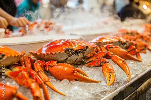 Freshly Caught Red Crabs Displayed on Ice at Seafood Market