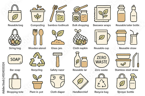 Zero waste lifestyle icons with eco-friendly tools and containers