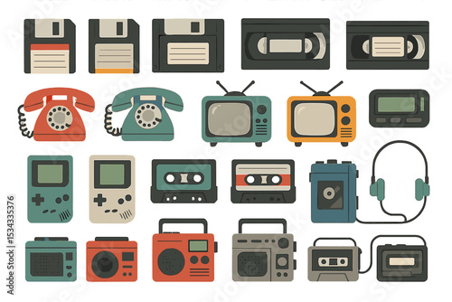 Colorful retro tech icon set with vintage media, phones, and gadgets
