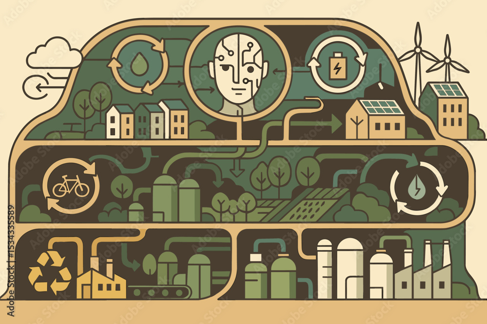 Fototapeta premium Eco-friendly smart city illustration with AI and renewable systems