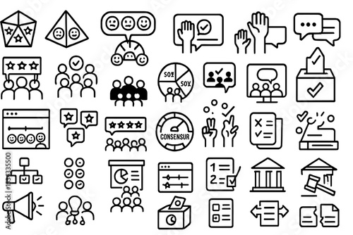 Icons representing consensus, voting, and group decision-making processes