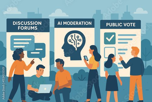 Illustration of civic tech tools including discussion forums, AI moderation, and public voting