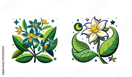 Photo of vibrant teal and white flowers bloom, isolated on white background, their lush green leaves creating a magical, starry night scene