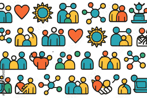 Colorful icon set of family, connection, and community symbols