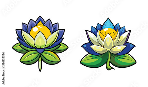 Photo of two vibrant lotus blossoms, one blue and one teal, with golden centers, isolated on white background