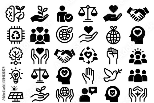 Icons symbolizing sustainability, empathy, justice, and global unity
