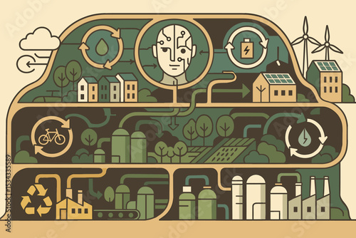 Eco-friendly smart city illustration with AI and renewable systems