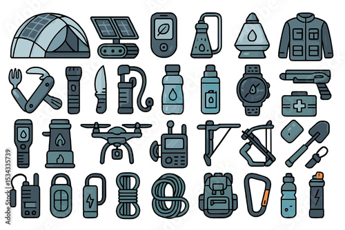 Vector icons of essential survival tools for outdoor and emergency use