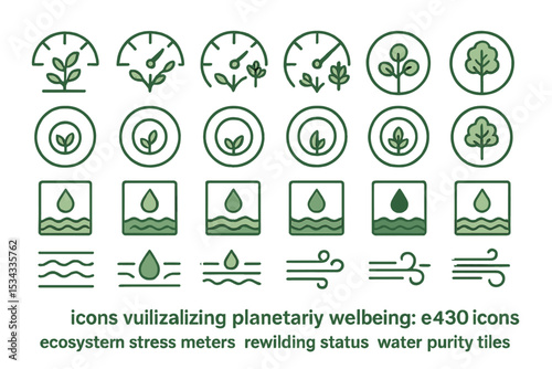 Green icon set for ecosystem stress, rewilding, and water purity