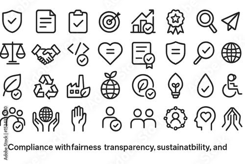 Icons representing ethics, sustainability, and global compliance