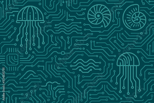 Futuristic circuit board pattern with jellyfish and nautilus shapes