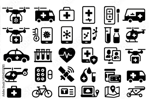 Black icon set of modern medical transport and health tech tools