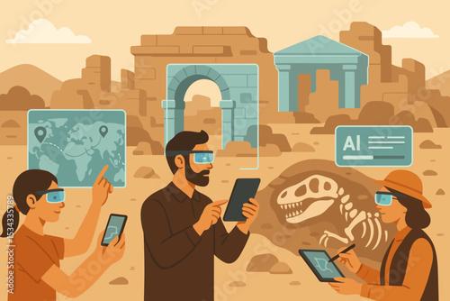 Futuristic archaeologists using AI and AR in ancient ruins