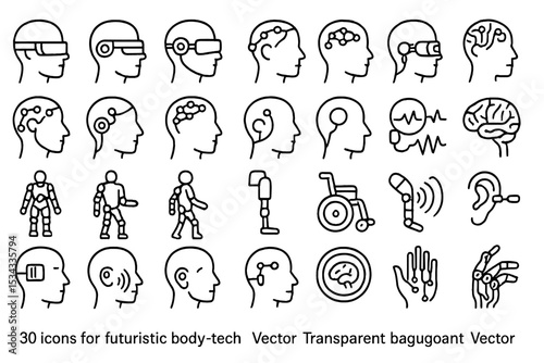 Futuristic body-tech icon set with AI, prosthetics, and neural links