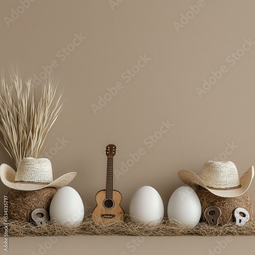 Rustic Still Life with Hats, Eggs, Guitar, and Natural Elements
