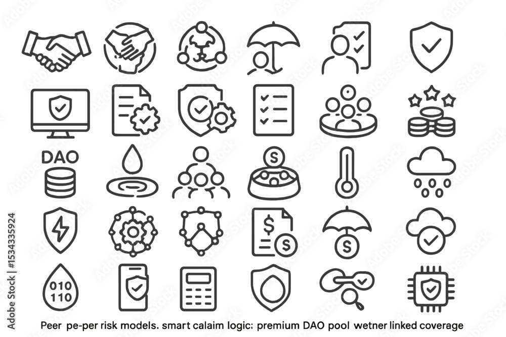 Fototapeta premium Decentralized insurance and DAO icon set with risk and coverage symbols