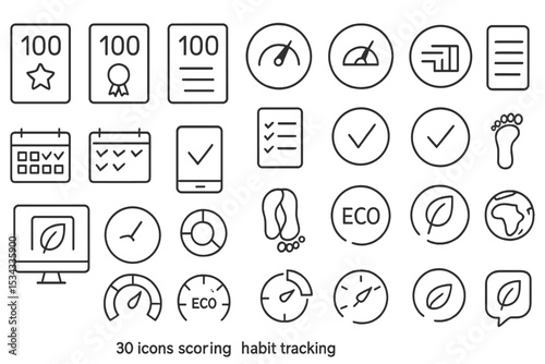 Thin line icons for eco scoring, habit tracking, and goal metrics