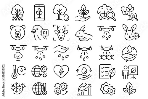 Environmental and wildlife monitoring icons with AI and drone technology