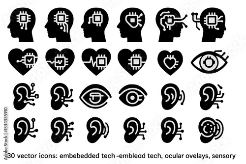 Futuristic sensory tech icons with chips in brains, hearts, eyes, and ears