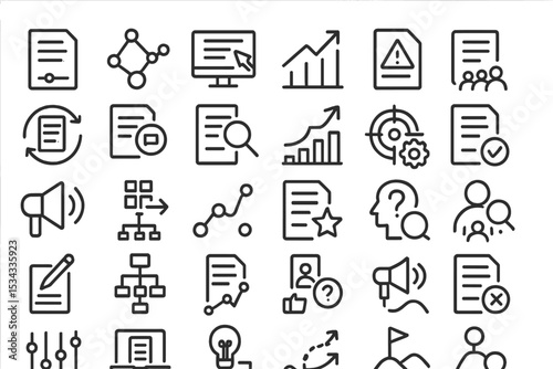 Document, workflow, and analytics icon set for business and strategy