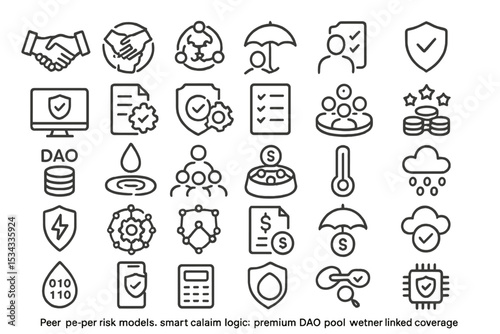 Decentralized insurance and DAO icon set with risk and coverage symbols