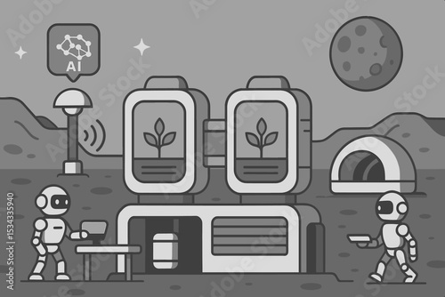 Futuristic AI-controlled greenhouse on the moon with robots