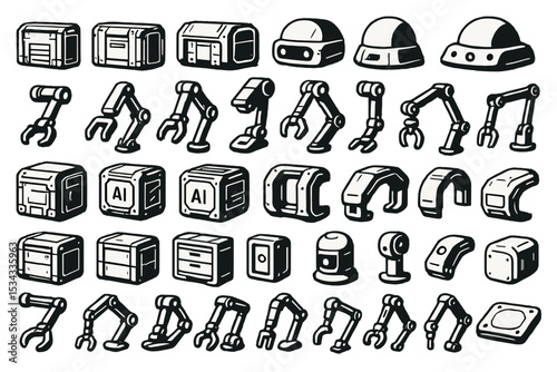 Futuristic robotic component icon set with arms, sensors, and AI modules