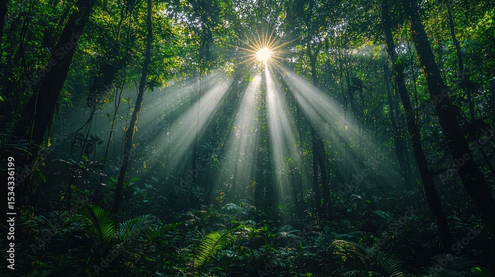 Obraz premium Sunlight streams through lush rainforest canopy