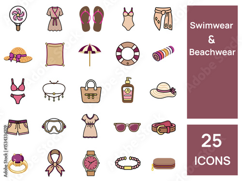 Icons of swimwear and beachwear in colorful flat design style  